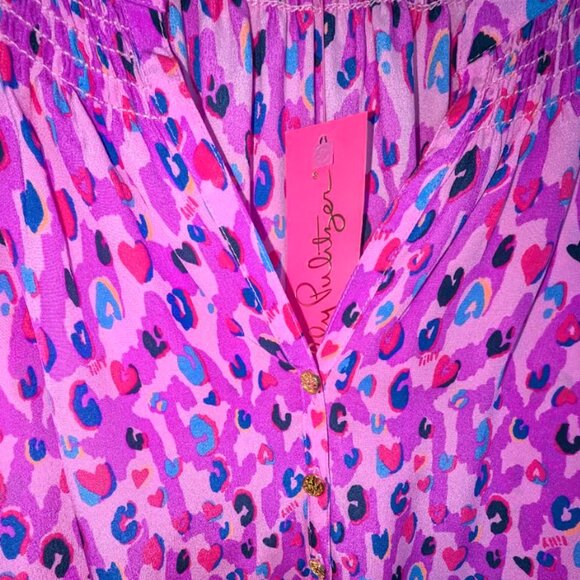 NWT Lilly Pulitzer Silk Long Sleeve Elsa Top Wild Fuchsia Spotted In Love Pink - Picture 9 of 9